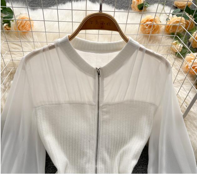 French Sweet Lantern Sleeve Chiffon Shirt Female Design Sense Niche Self-Cultivation Thin Waist Short Western Chic Zipper Top Trend