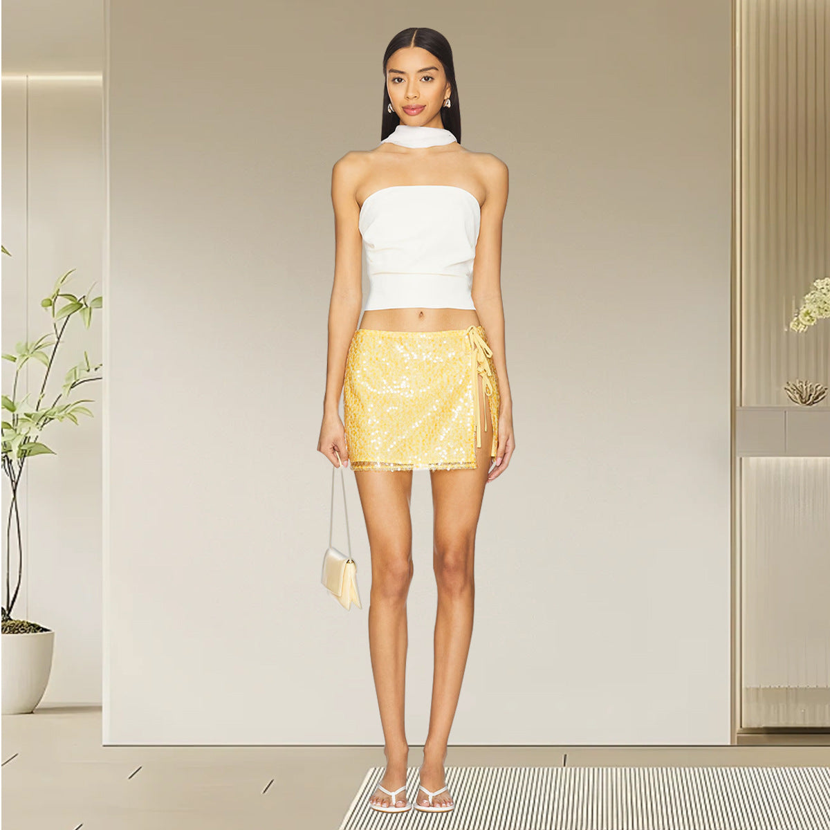 Sexy slim fit sequin strap mid waist skirt for women