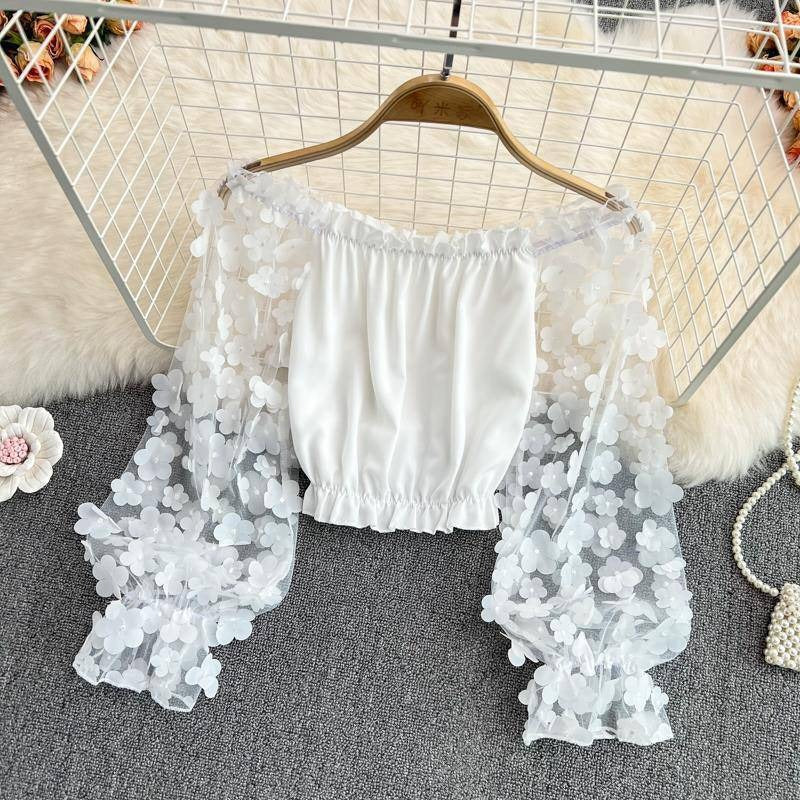 Top Off Shoulder Flores 3D Chifón Malla Mujer