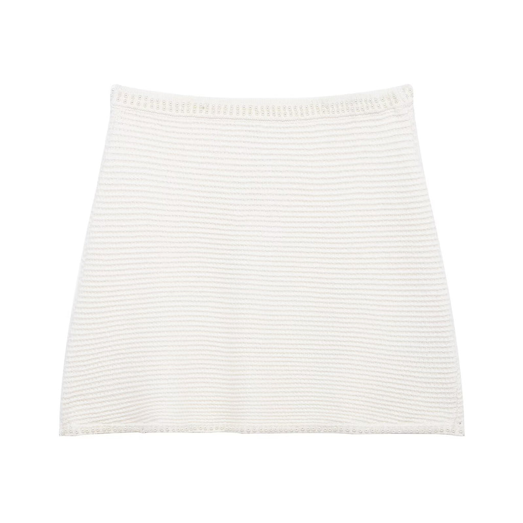 Conjunto Dos Piezas Chaqueta Punto Perlas Cuello Vuelto Mini Falda Poliéster Chic Casual Mujer Blanco