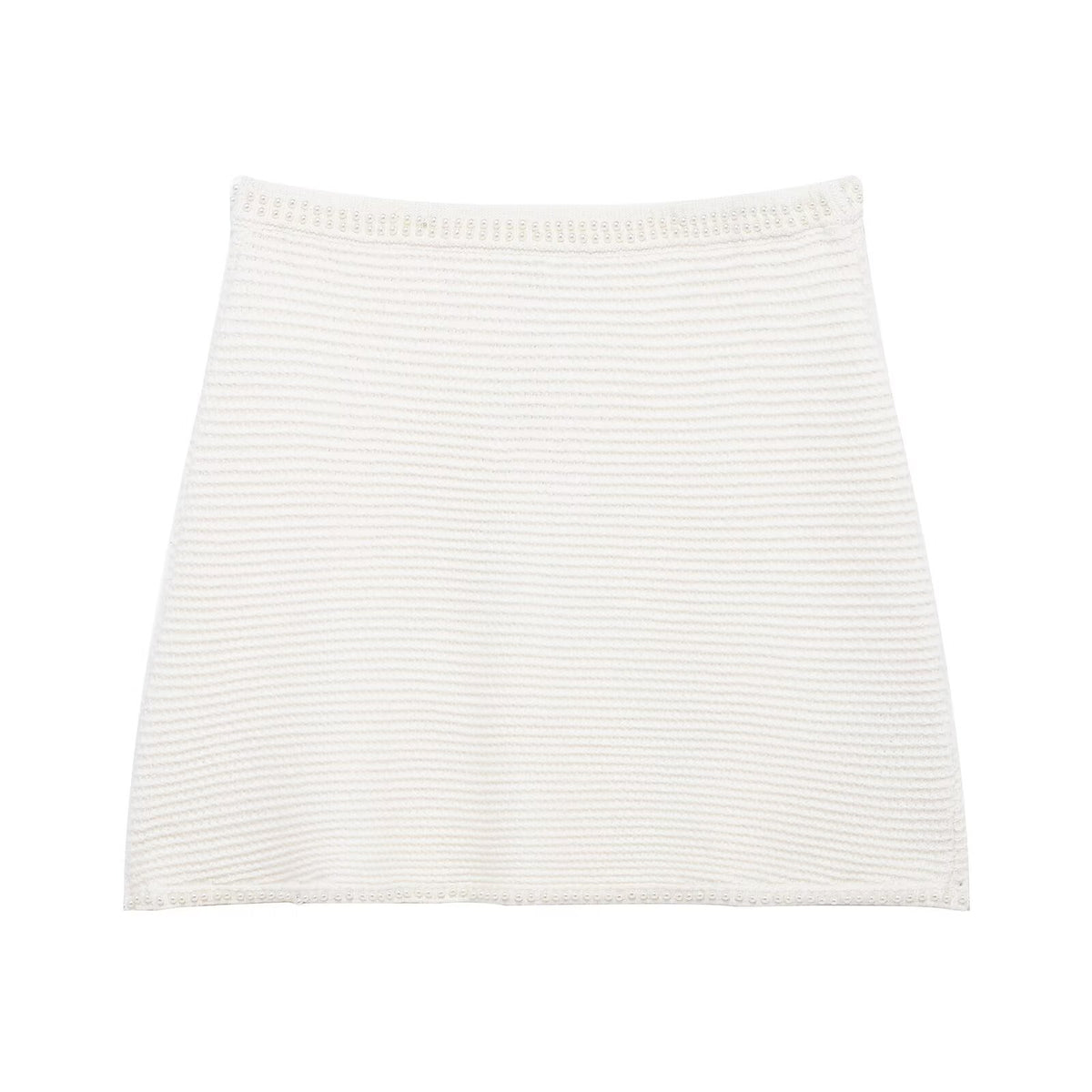 Conjunto Dos Piezas Chaqueta Punto Perlas Cuello Vuelto Mini Falda Poliéster Chic Casual Mujer Blanco