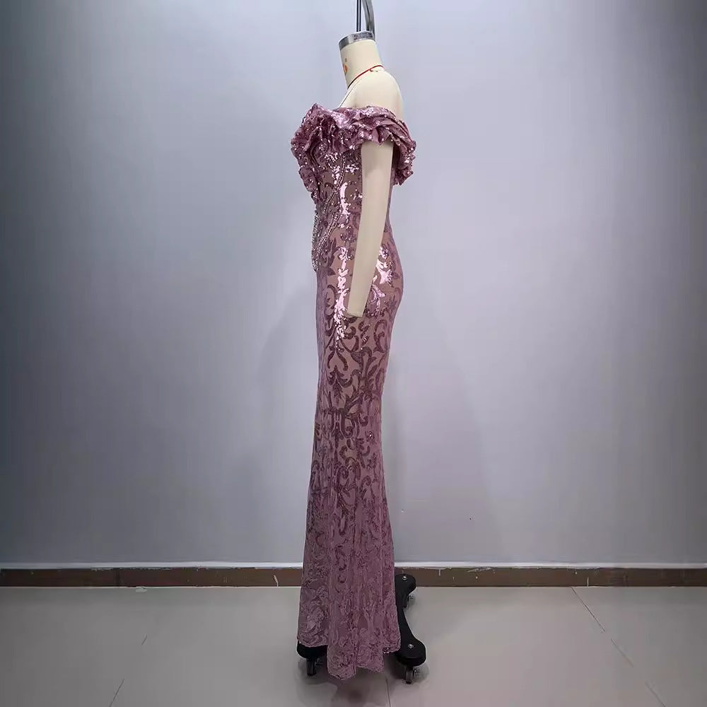 Vestido Largo Malla Manga Corta Escote V Slim Fit Abalorios Sexy Socialité Cremallera Mujer Rosa