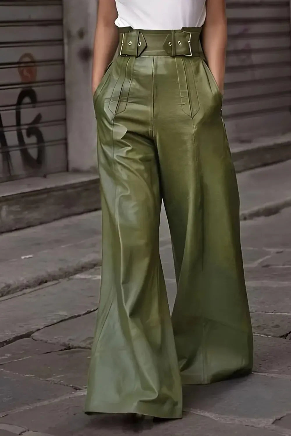 Pantalón Acampanado Cintura Alta Cuero Sintético PU con Bolsillos Mujer
