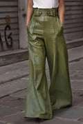 Pantalón Acampanado Cintura Alta Cuero Sintético PU con Bolsillos Mujer