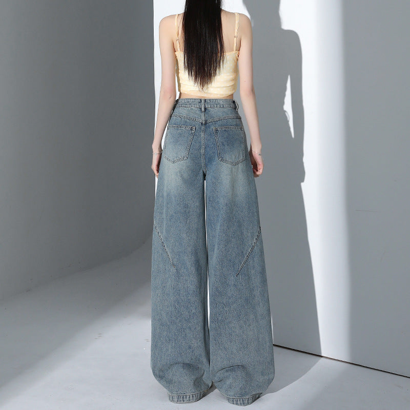 Vaquero Pierna Ancha Holgado Cintura Alta Bajo Encaje Irregular Denim Estilo Coreano Mujer