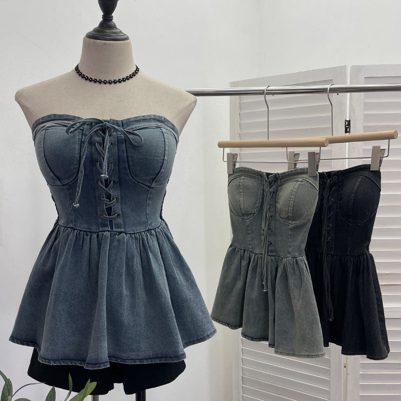 Strapless denim vest with rope tie and sleeveless top