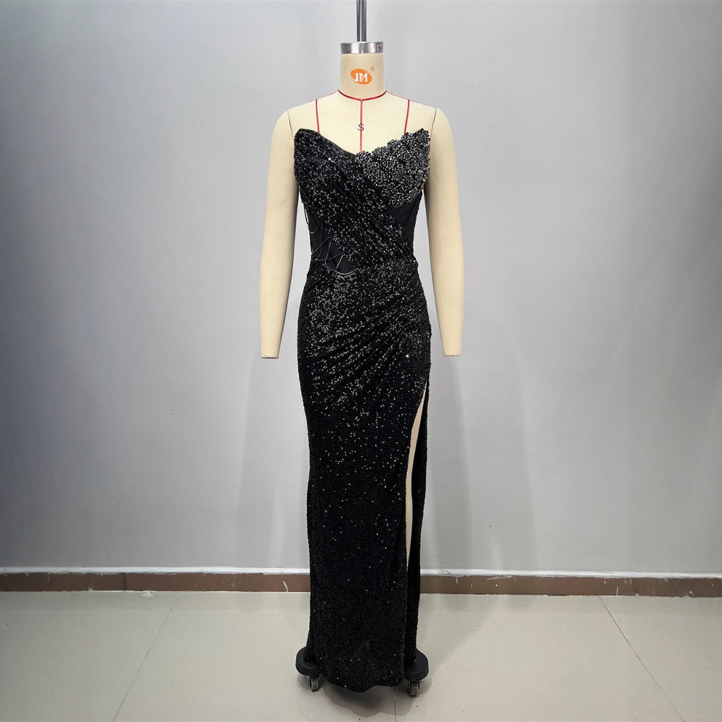 Vestido Largo Poliéster Sin Tirantes Halter Lentejuelas Escote V Sin Mangas Ajustado Elegante Fiesta Noche Mujer Negro