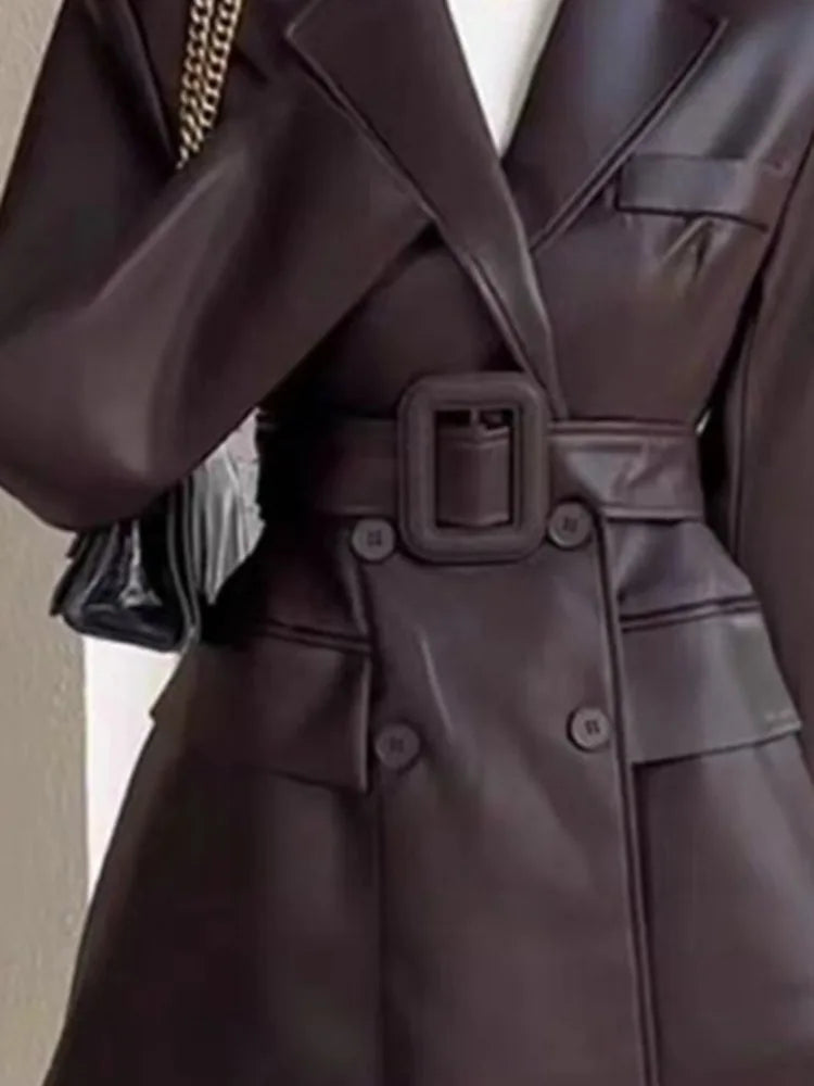 Chaqueta Cuero Sintético PU Manga Larga Bajo Asimétrico Cinturón Office Lady Mujer Negro Café