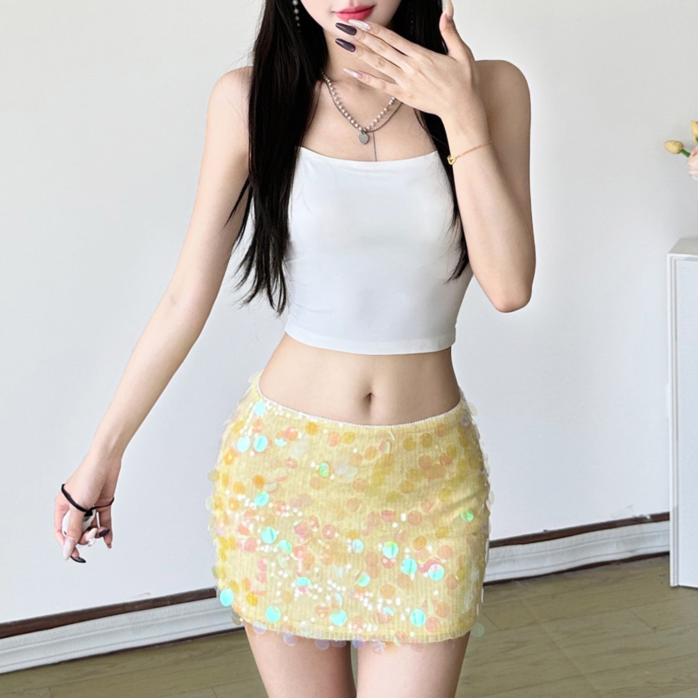 Shiny Sequin Spliced Bodycon Mini Skirt