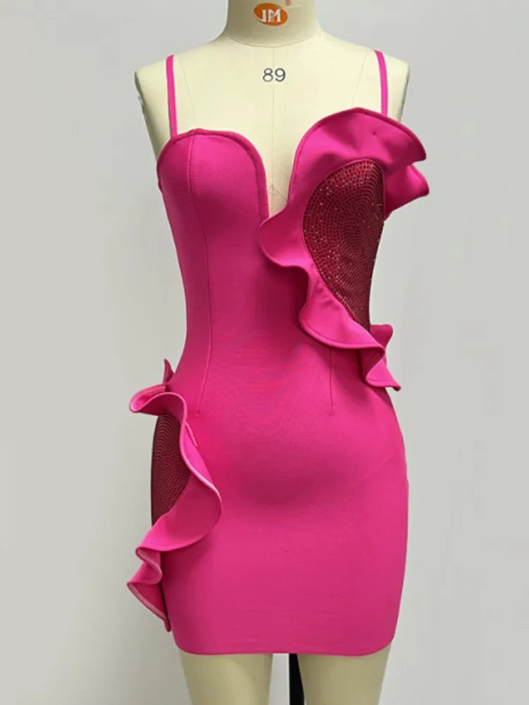 Vestido corto de verano para mujer con volantes sexis, corazón, diamantes de diseño, rosa, elegante para fiesta, club o noche.