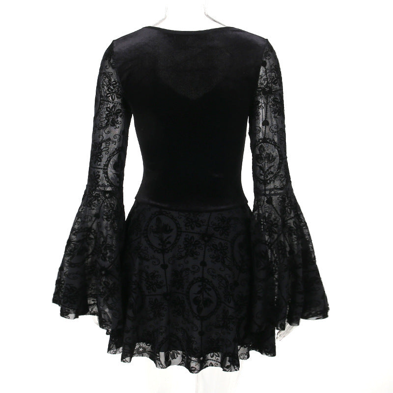 Vestido Largo Terciopelo Retro Glamour Gótico Manga Larga Ajustado Negro