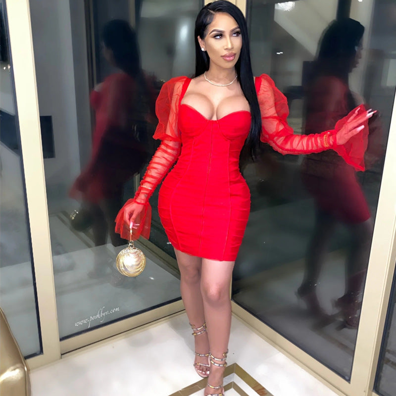 Vestido Sexy para salir con mangas transparentes y fruncidas