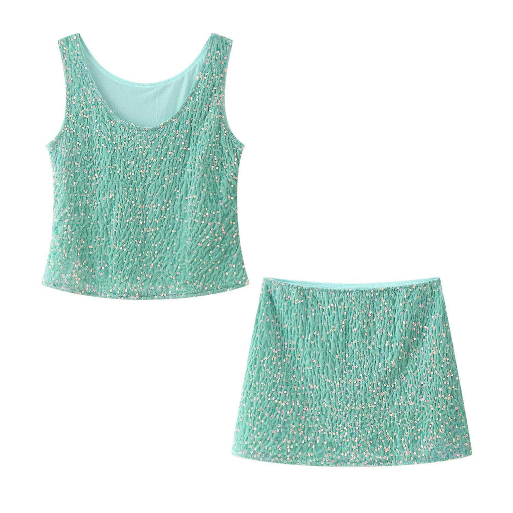Conjunto Dos Piezas Chaleco Lentejuelas Sin Mangas Mini Falda Talle Bajo Slim Sofisticado Casual Mujer