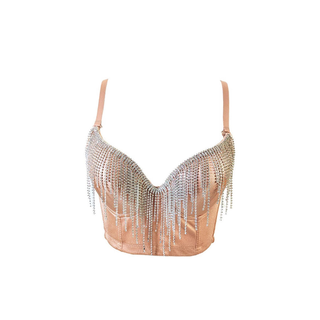 Top Strapless Strass Borlas Espalda Descubierta Sujetador Integrado Mujer