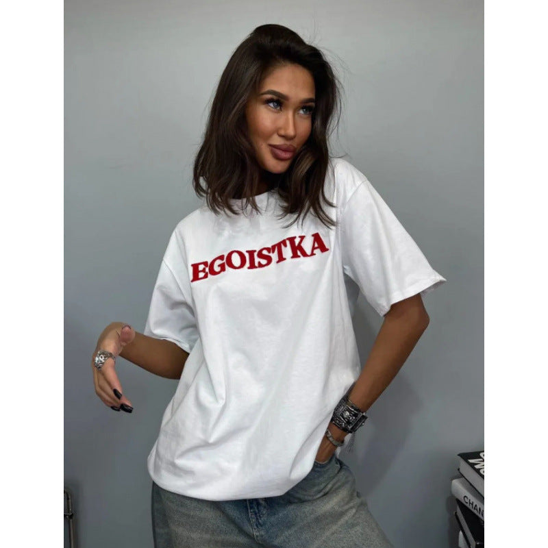 Camiseta ancha de manga corta con cuello redondo y estampado de letras
