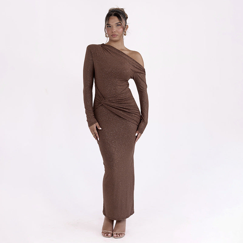 Autumn/Winter New Fashion Shoulder Cut-Out Long Sleeve Bodycon Maxi Dress, Sexy Pleated Fitted Dress