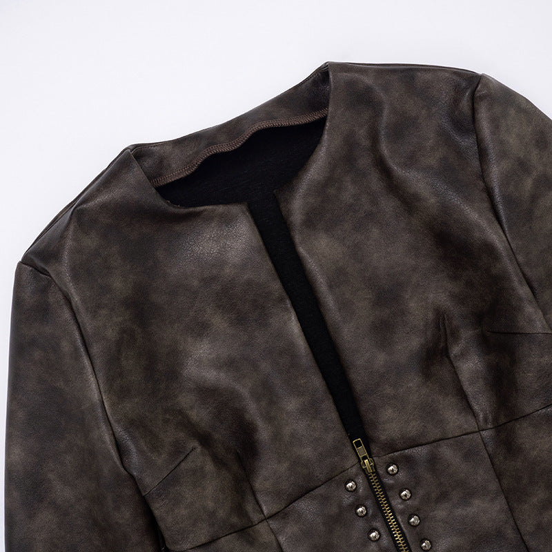 Chaqueta Crop PU Marrón Manga Larga Escote V con Cremallera