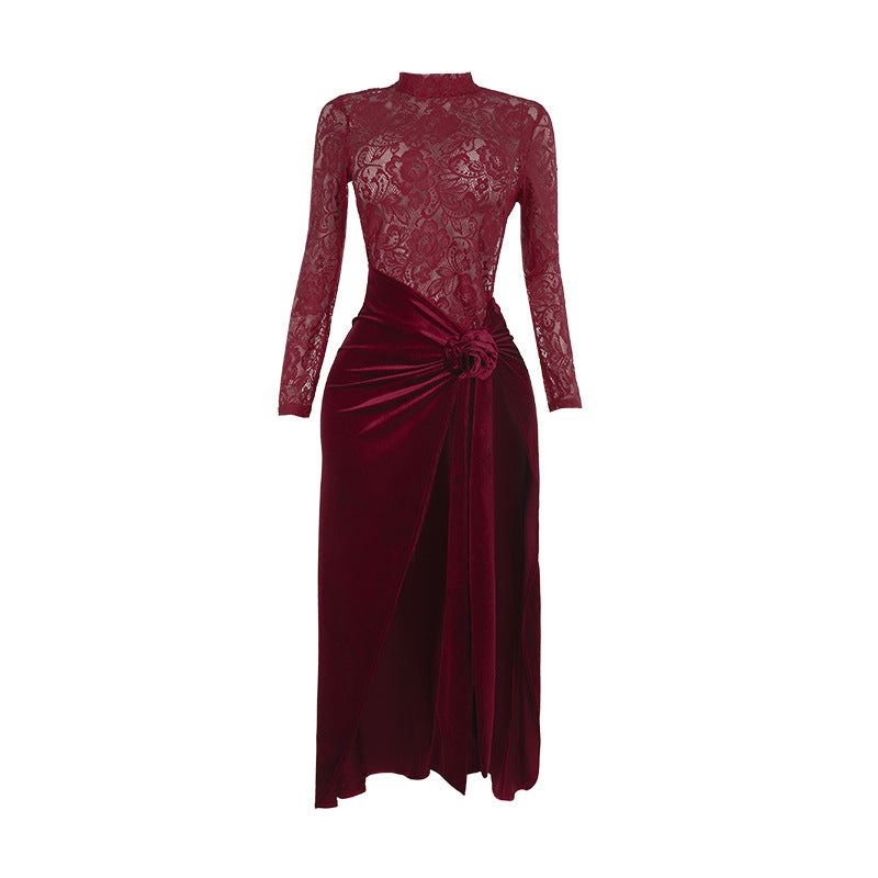 Vestido Largo Terciopelo Encaje Rojo Reina Vampira Gótica