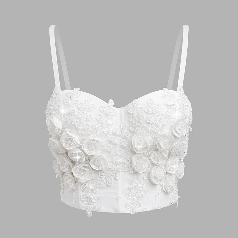 Sexy Bone Corset White Camisole Heavy Embroidered Petal Halter Strapless