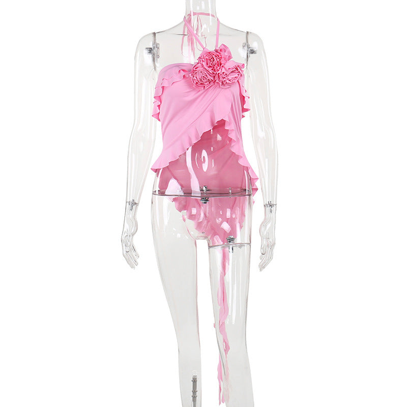 Versatile neck hanging ribbon flower top for women