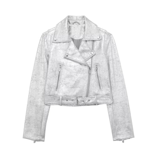 Chaqueta Bomber Corta Cuero Sintético Plateado Manga Larga Solapa Bolsillos Streetwear Otoño Mujer
