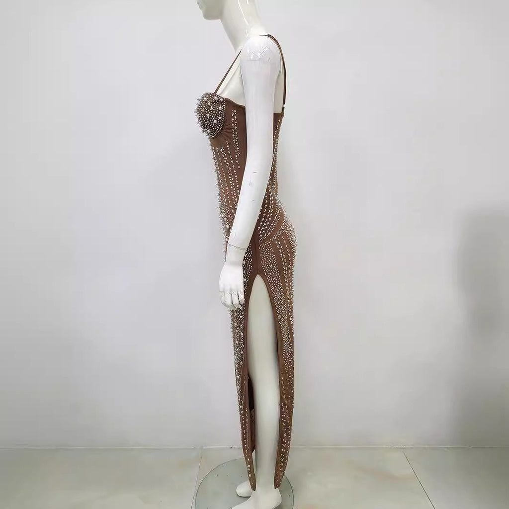 Vestido Tirantes Escote Pronunciado Abertura Alta Diamantes Perlas Light Luxury Fiesta Noche Mujer Camel