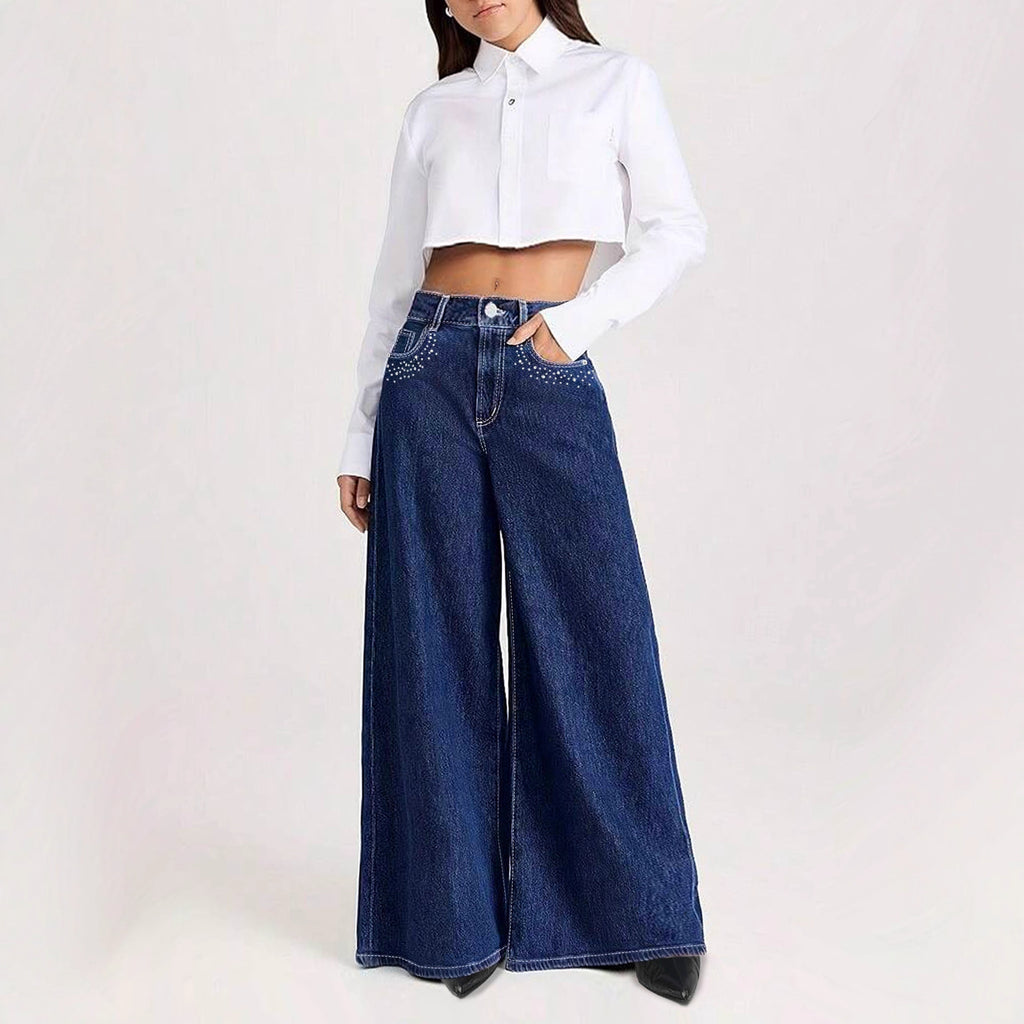 Vaquero Largo Pierna Ancha Talle Medio Strass Bolsillo Denim Lavado Casual Mujer
