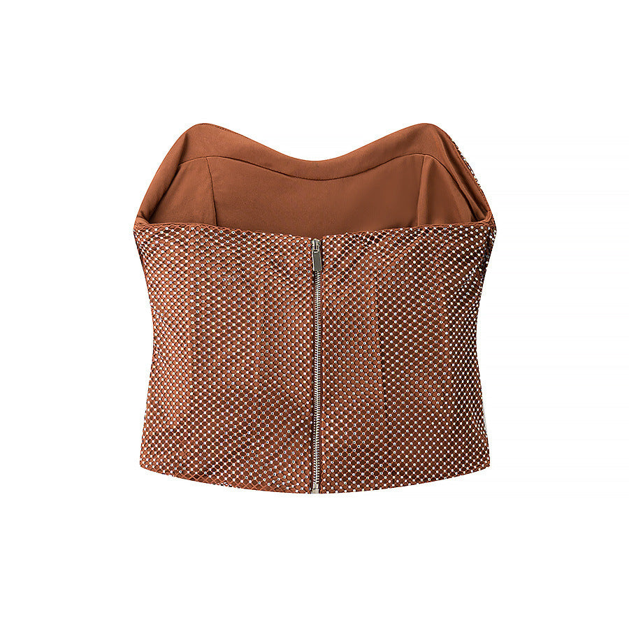 Conjunto Dos Piezas Top Sin Tirantes Transparente Empalmado Mini Falda Poliéster Street Fashion Casual Mujer Marrón