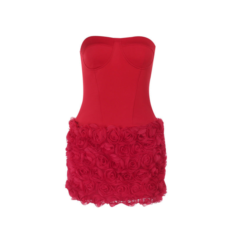 Vestido Corto Sin Tirantes Textura Floral 3D en Relieve Cremallera Mujer