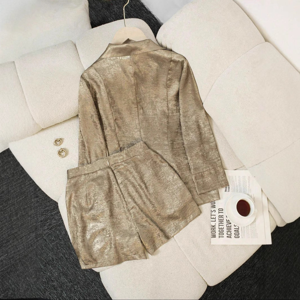 Conjunto Dos Piezas Blazer Manga Larga Antiarrugas Pantalón Tres Cuartos Bolsillos Poliéster Spandex Trendy Mujer Dorado
