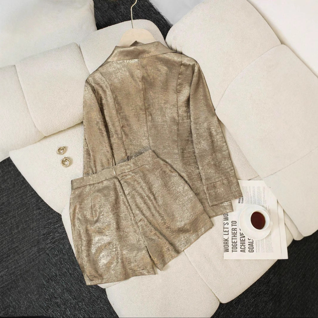 Conjunto Dos Piezas Blazer Manga Larga Antiarrugas Pantalón Tres Cuartos Bolsillos Poliéster Spandex Trendy Mujer Dorado