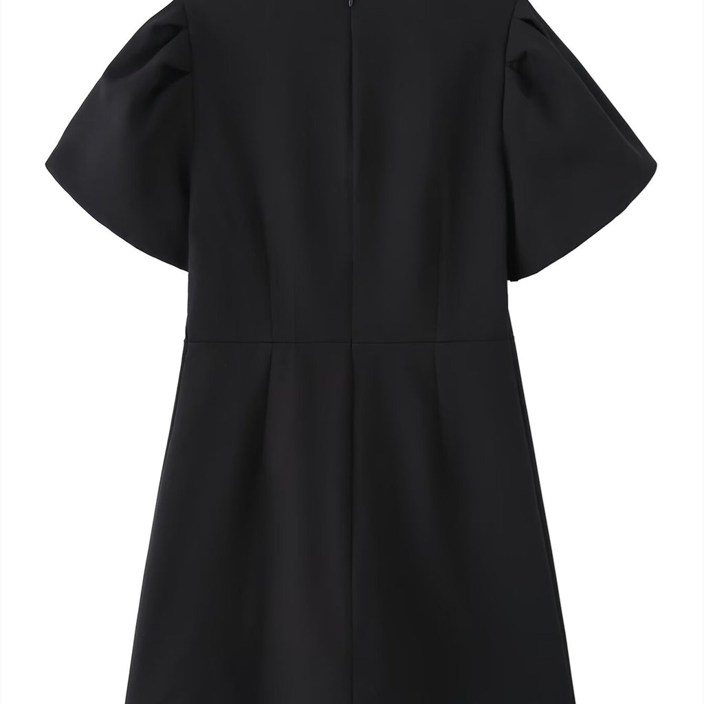 Vestido Mini Corto con Lazo Manga Abullonada Falda Vuelo Mujer