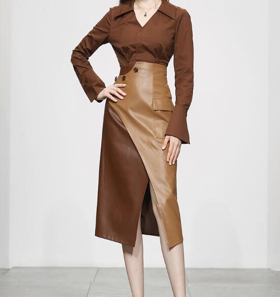 New Women's Fashion Temperament Two-Piece Brown Shirt Shirt PU Leather Skirt Long Skirt Skirt Suit