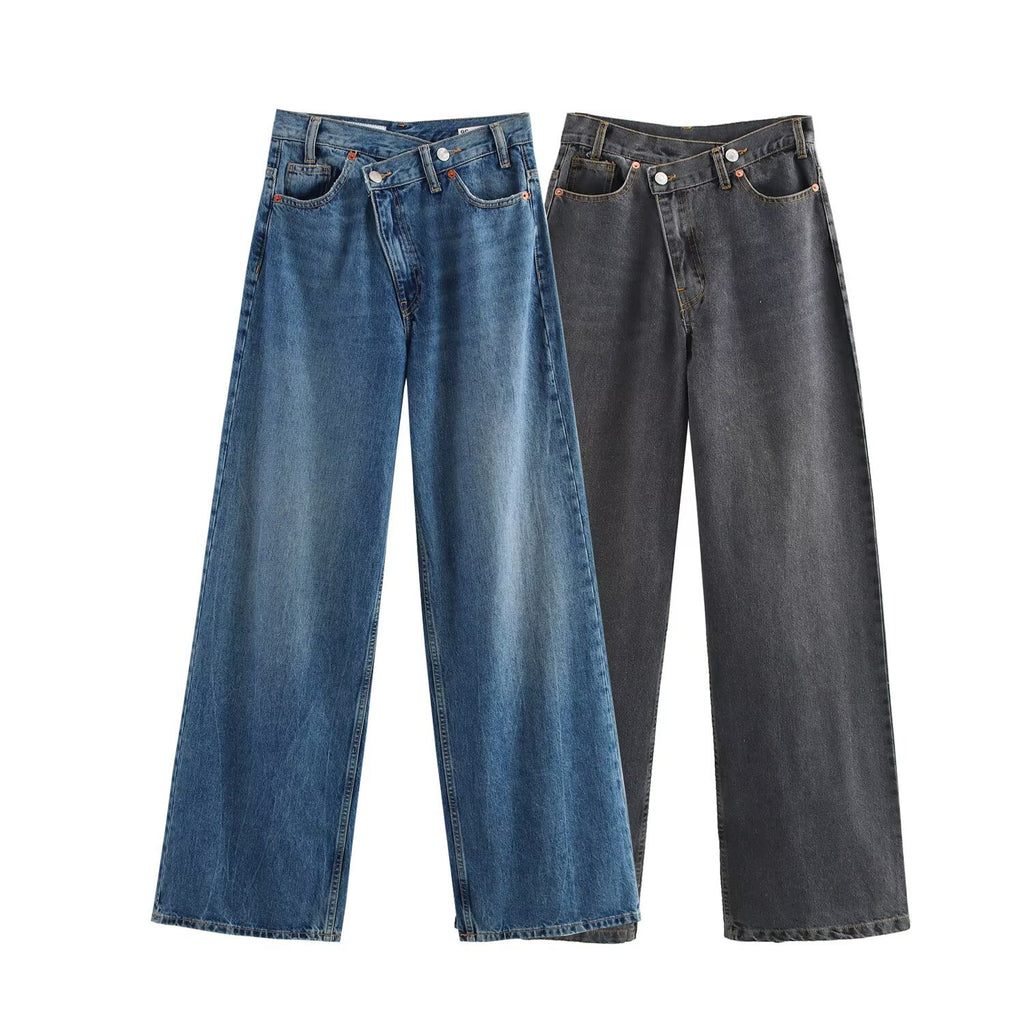Pantalón Vaquero Pierna Ancha Cintura Alta Versátil Mujer
