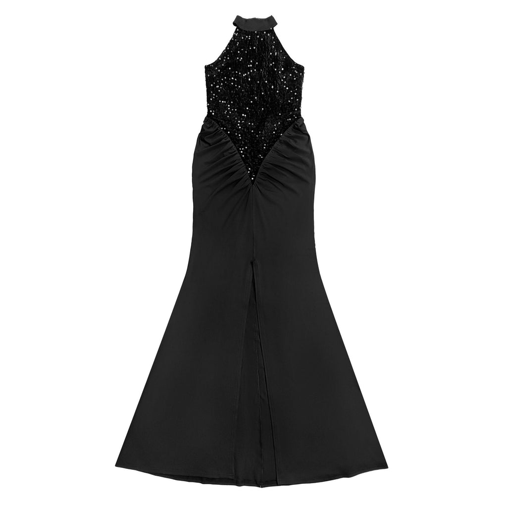 Vestido Largo Bodycon Sin Mangas Cuello Alto Pedrería Terciopelo Lentejuelas Abertura Elegante Mujer