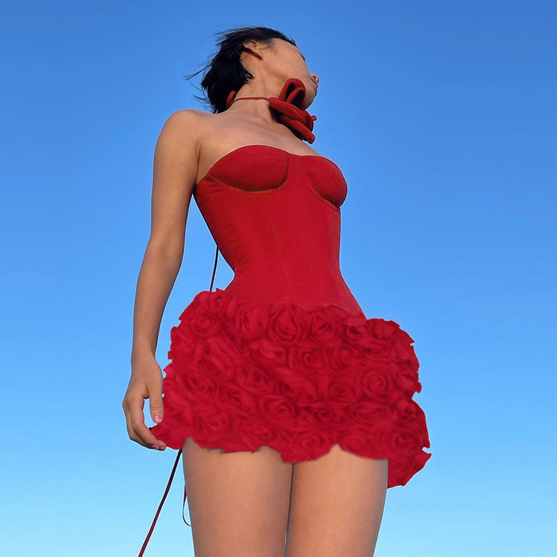 Vestido Corto Sin Tirantes Textura Floral 3D en Relieve Cremallera Mujer