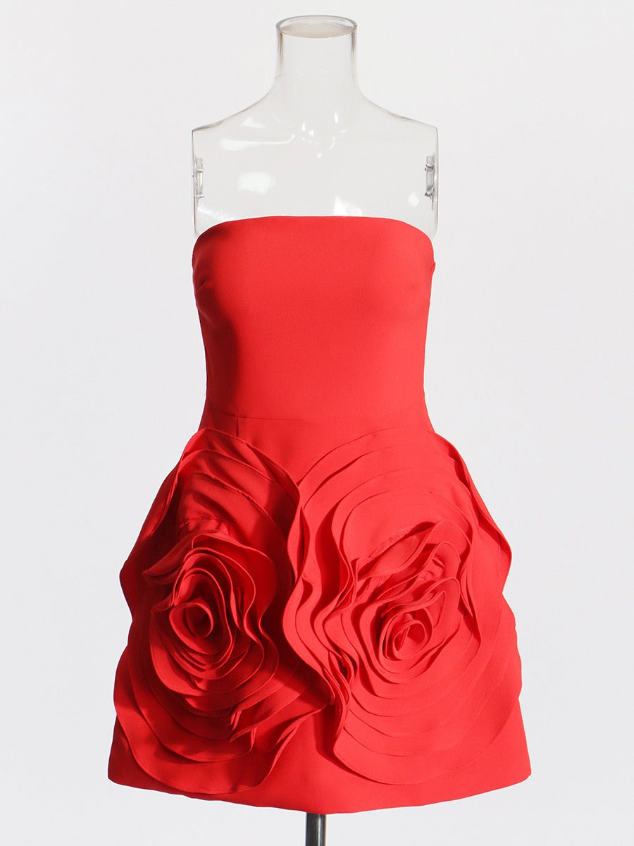 Vestido de fiesta para mujer con estilo femenino, palabra de honor, línea A, con rosas tridimensionales y grandes flores en patchwork.