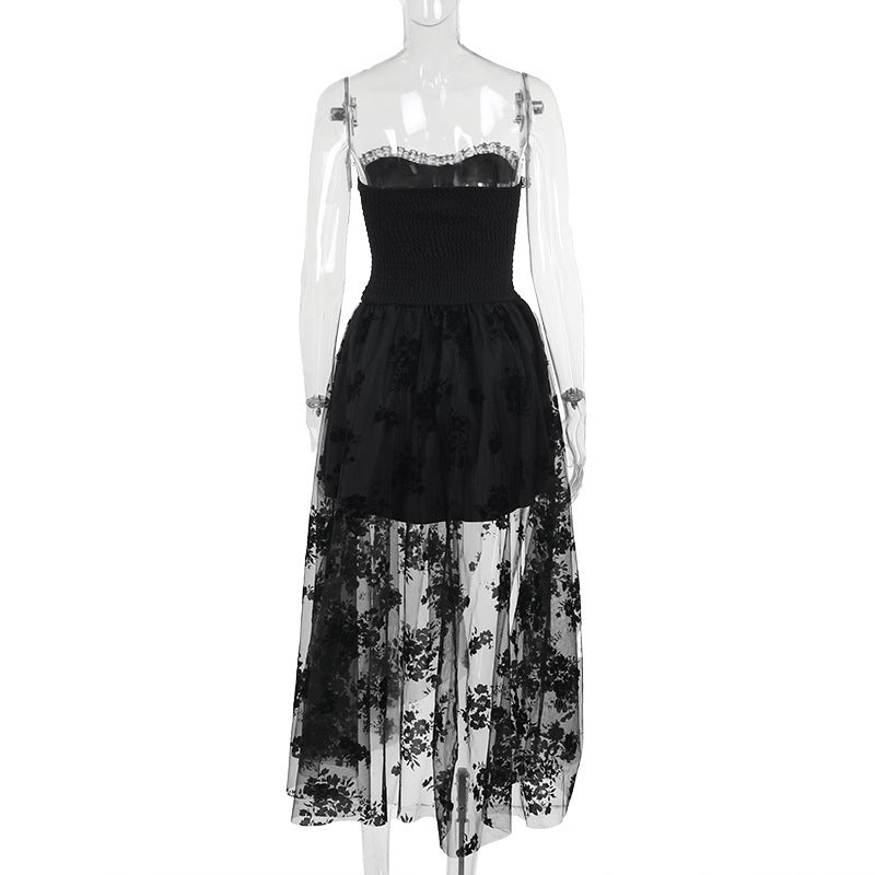 Vestido Largo Malla Oscura Gótica Un Hombro Slim Fit Negro Semitransparente