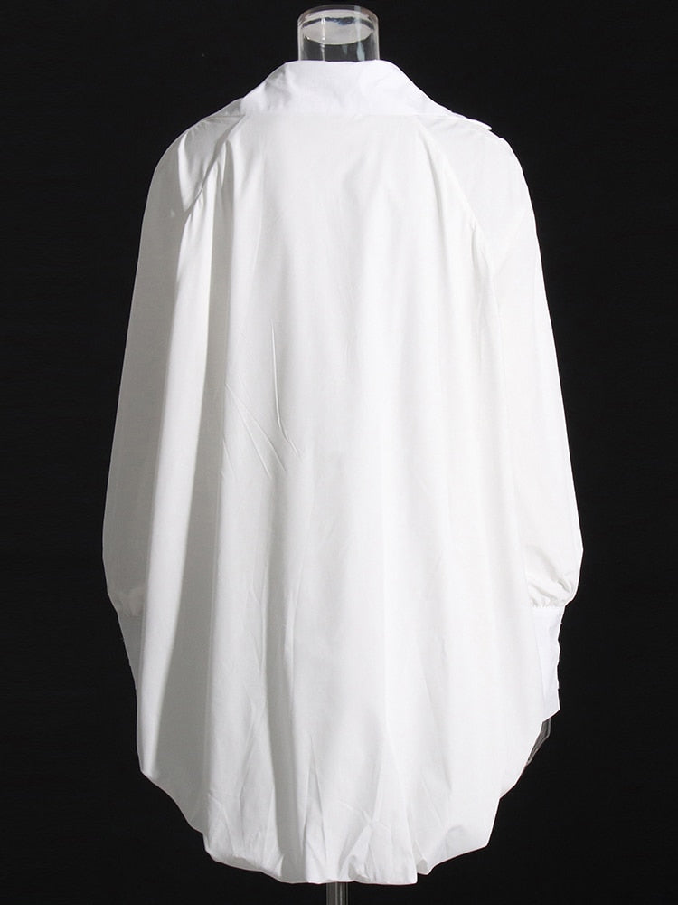 Ruched Loose Shirt For Women Lapel Long Sleeve Asymmetrical Hem Solid Minimalist Casual Blouses Female Clothing New