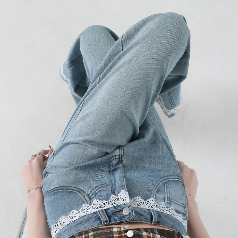 Vaquero Acampanado Pierna Ancha Orillo Encaje Cintura Alta Denim Estilizador Mujer