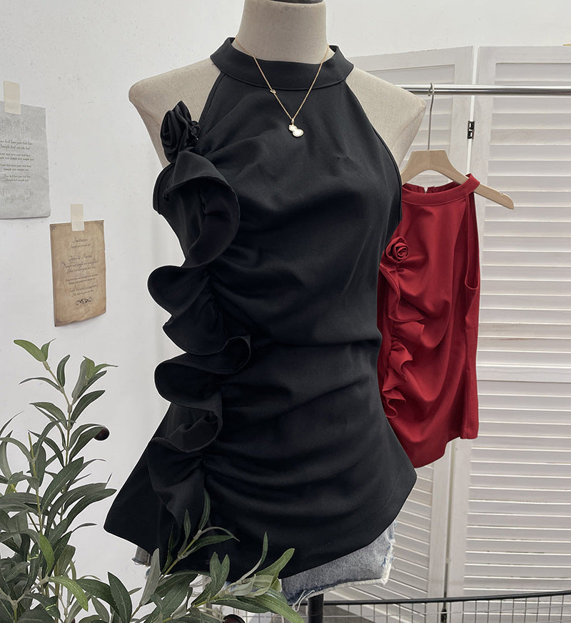 Sleeveless ruffled three-dimensional flower top