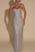 Slim fit sleeveless sequined long evening gown dress