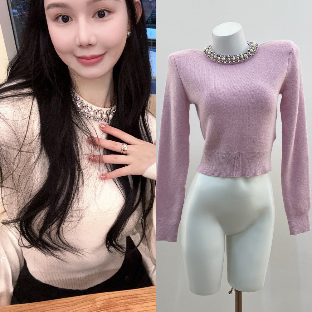 Chic Pearl and Rhinestone Embellished Round Neck French Sweet Girl Style Versatile Knit Sweater for Women