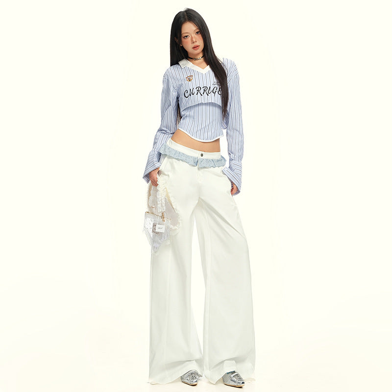 Pantalón Pierna Ancha Cintura Alta Encaje Empalme Botones Casual Romántico Blanco Mujer