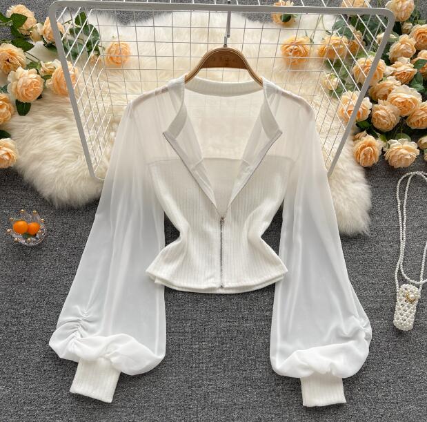 French Sweet Lantern Sleeve Chiffon Shirt Female Design Sense Niche Self-Cultivation Thin Waist Short Western Chic Zipper Top Trend