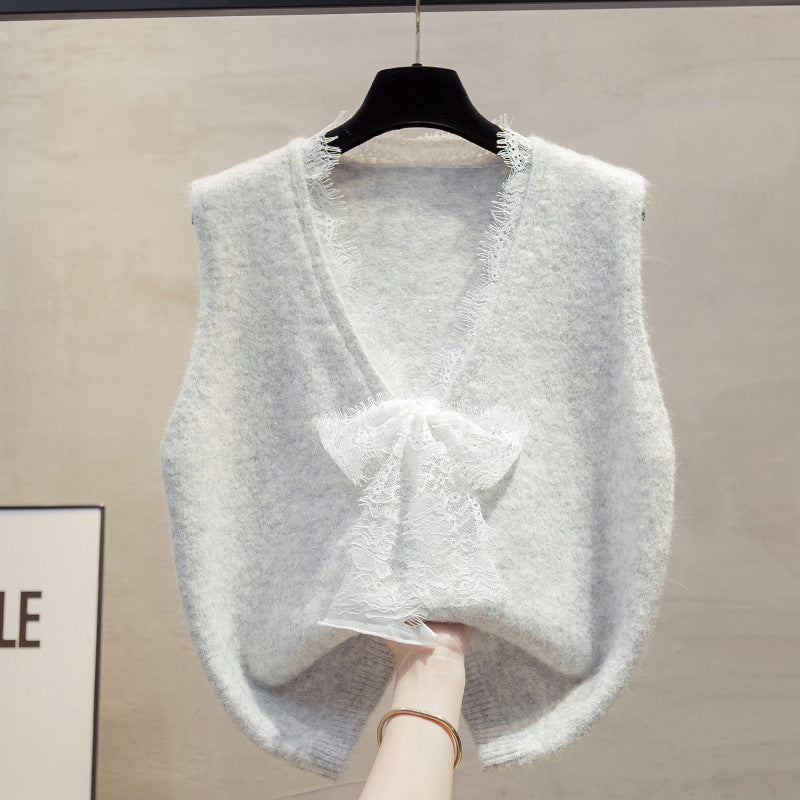 Lace Bow Knit Vest for Women, Soft and Loose V-Neck Sleeveless Sweater