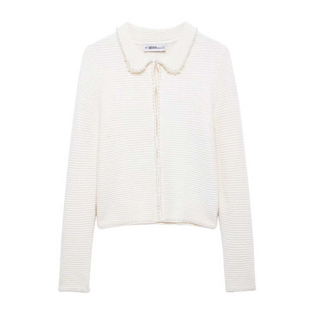 Conjunto Dos Piezas Chaqueta Punto Perlas Cuello Vuelto Mini Falda Poliéster Chic Casual Mujer Blanco