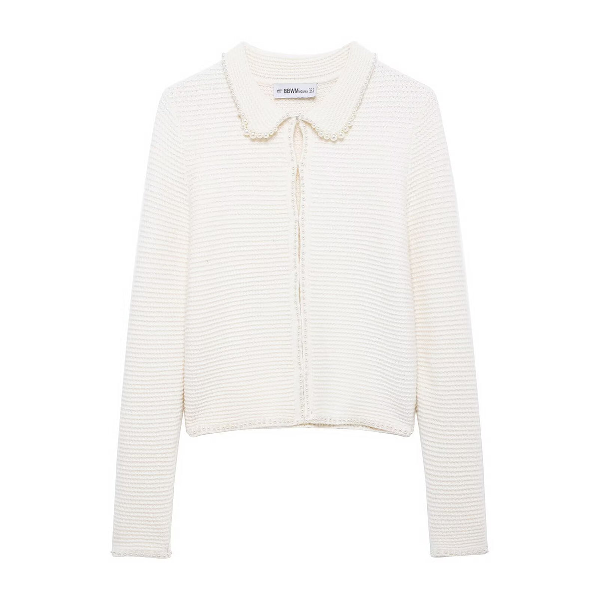 Conjunto Dos Piezas Chaqueta Punto Perlas Cuello Vuelto Mini Falda Poliéster Chic Casual Mujer Blanco