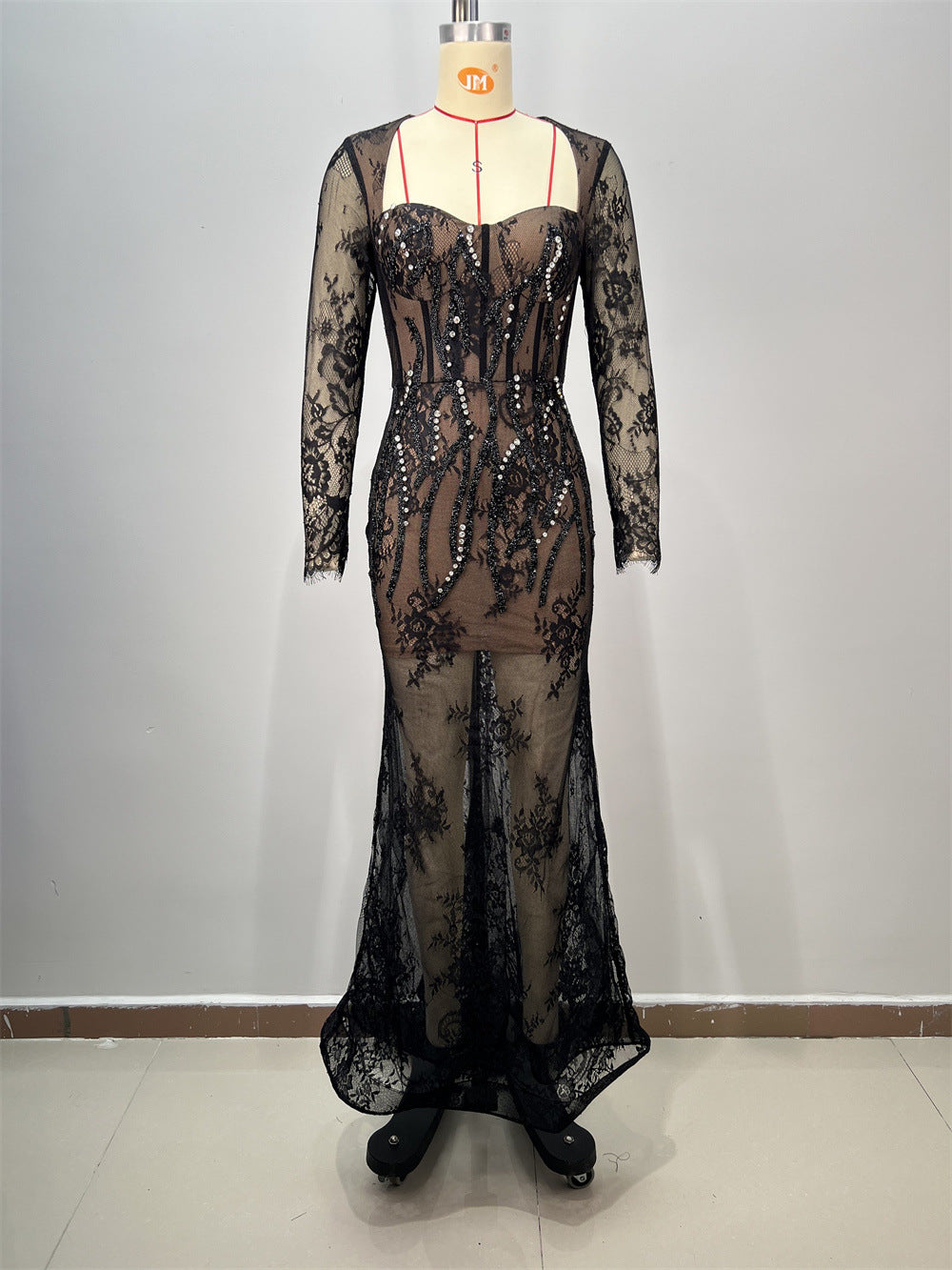 Vestido Largo Encaje Manga Tres Cuartos Escote V Ajustado Bordado Elaborado Elegante Fiesta Noche Mujer Negro