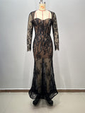 Vestido Largo Encaje Manga Tres Cuartos Escote V Ajustado Bordado Elaborado Elegante Fiesta Noche Mujer Negro